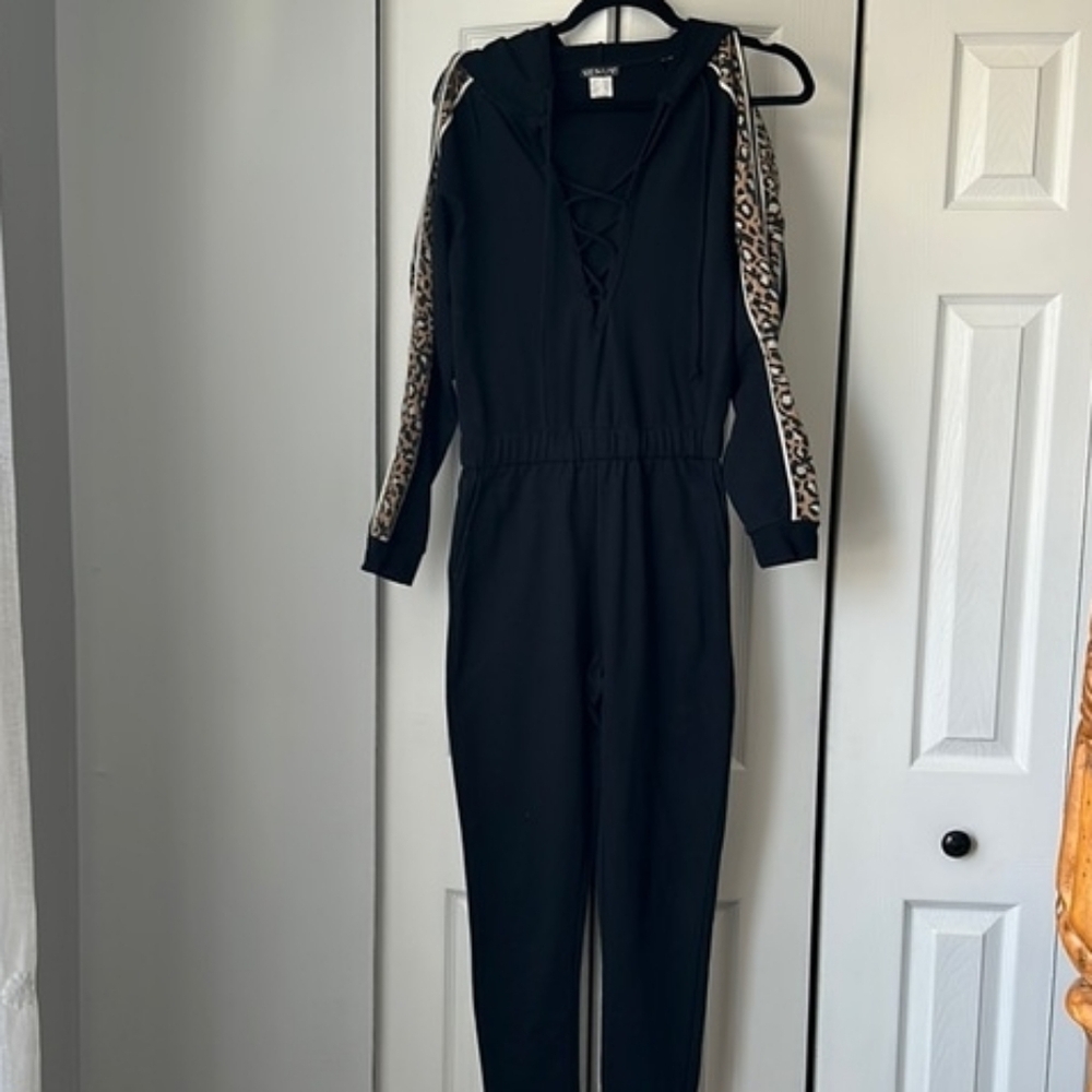 VENUS Black Jumpsuit with Animal Print Stripes